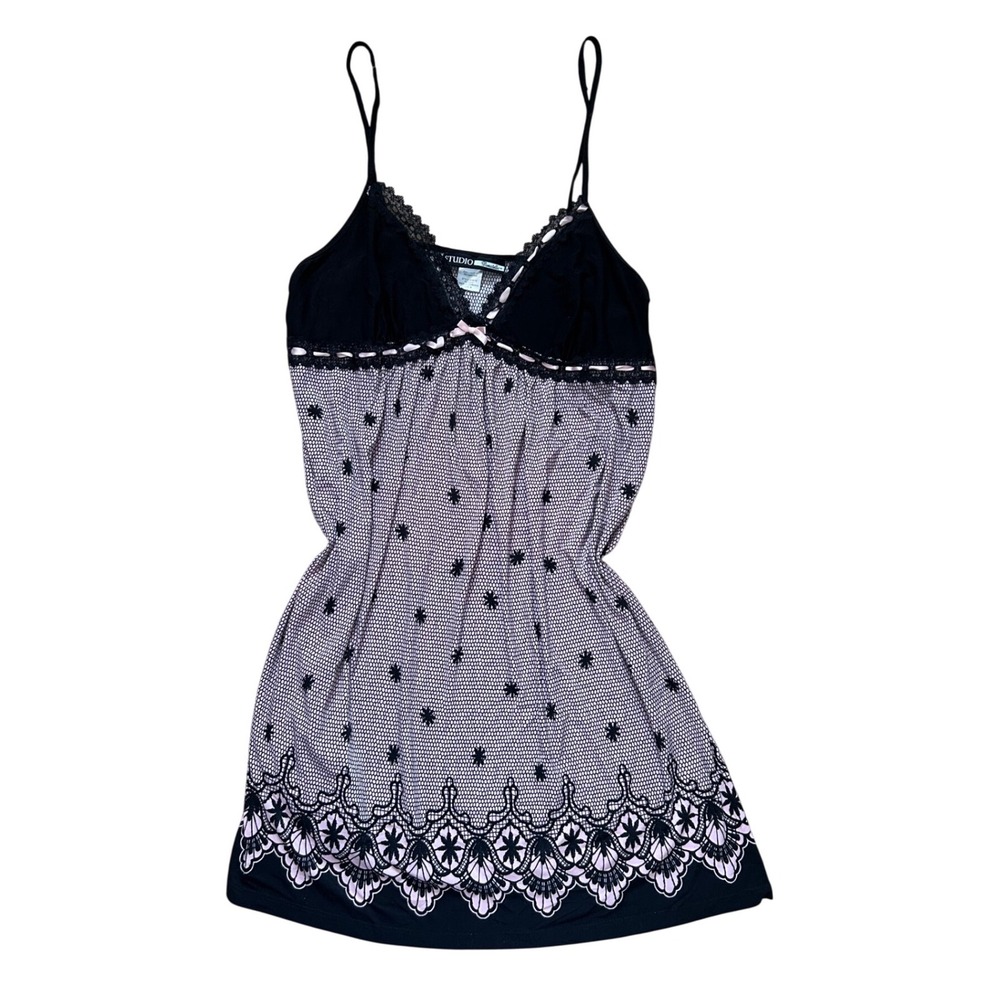 Y2K Pink Black Lace Trim Chemise slip‎ dress Nightgown M sexy dark romantic emo